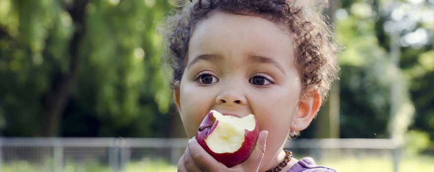 Little boy eating an apple