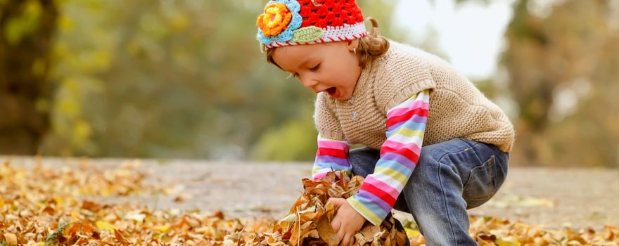 Little girl playing in fall leaves