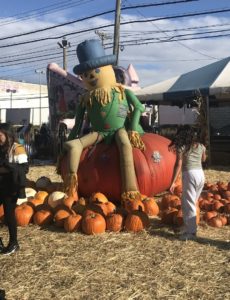 children around scarecrow and pumpkins