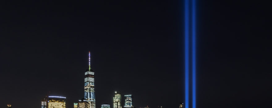 World Trade Center tribute lights at night