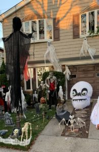 Outdoor Halloween decorations in a yard