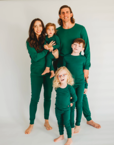 Family wearing green pajamas