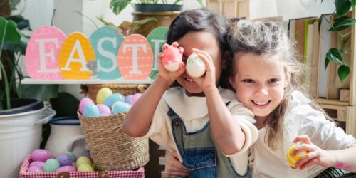 Children with Easter eggs and baskets.