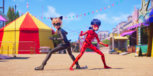 Animated scene of two superhero characters from Miraculous: Ladybug & Cat Noir, the Movie, which is one of many kids movies stream this summer.