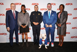 Award recipients at an ASPCA awards ceremony standing with a white dog, who is ASPCA’s Dog of the Year