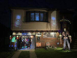 a house decorated with a Frankenstein theme for Halloween