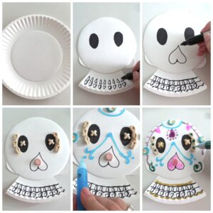 a paper plate cut into the shape of a skull and decorated with glitter and other materials, one of many Day of the Dead craft ideas to celebrate the holiday