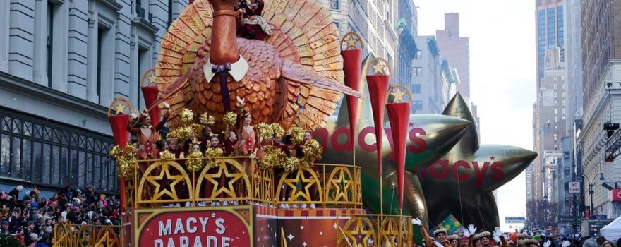 a float with a turkey theme that is part of the Macy's Thanksgiving Day Parade